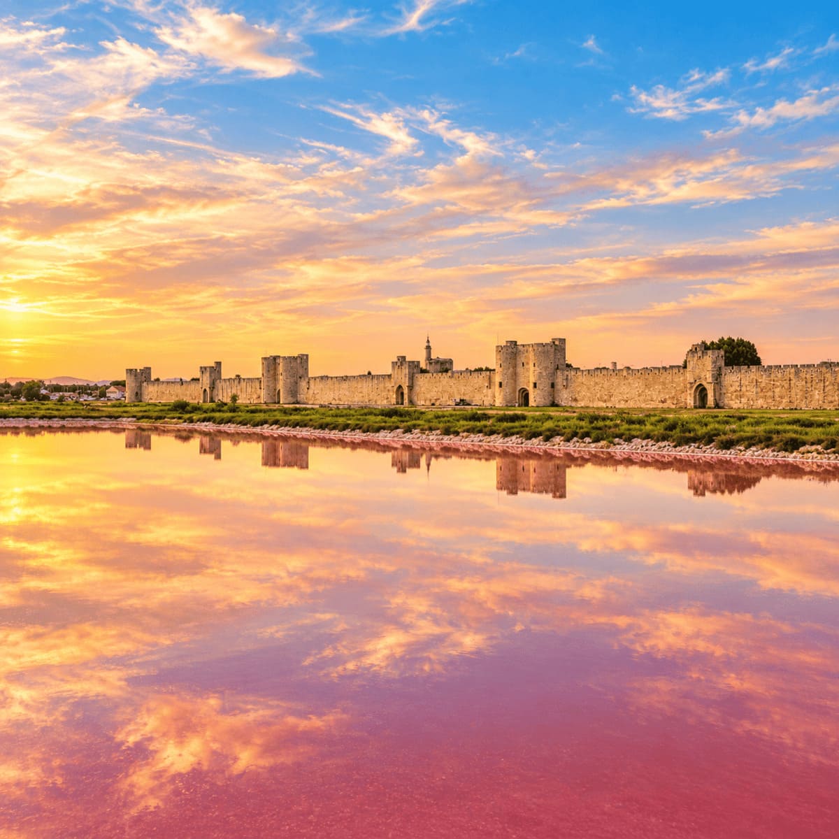 The Pink Lake And Medieval Ramparts Of Aigues-Mortes, France