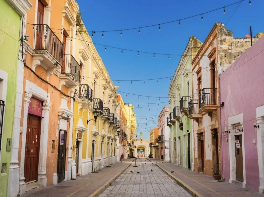 Colorful buildings down a street in Campeche, Mexico
