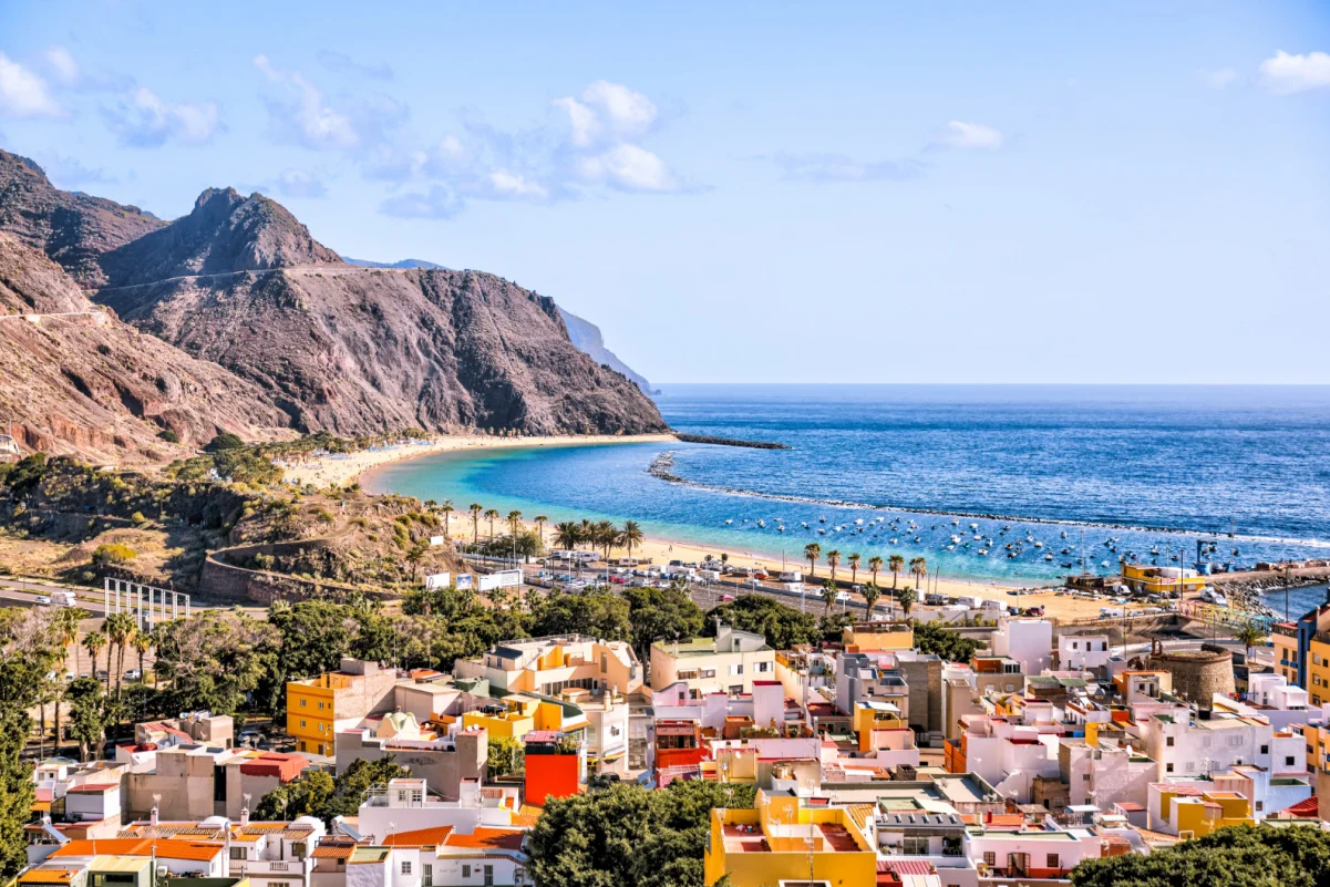 Aerial views of the town of San Andres and the beaches of Playa de las Teresitas on the island of Tenerife in Spain's Canary Islands