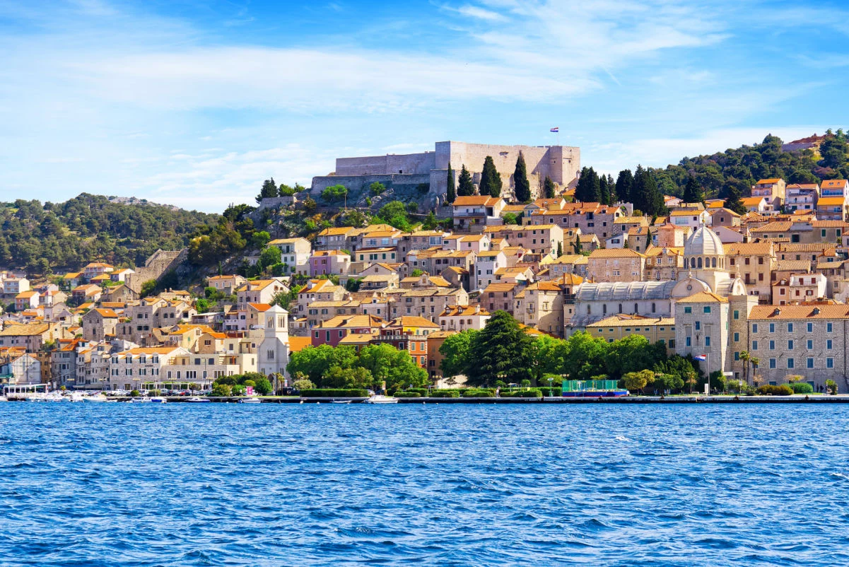 Sibenik, Croatia. UNESCO city of Sibenik architecture and coastline, Dalmatia, Croatia. Colorful historic town.