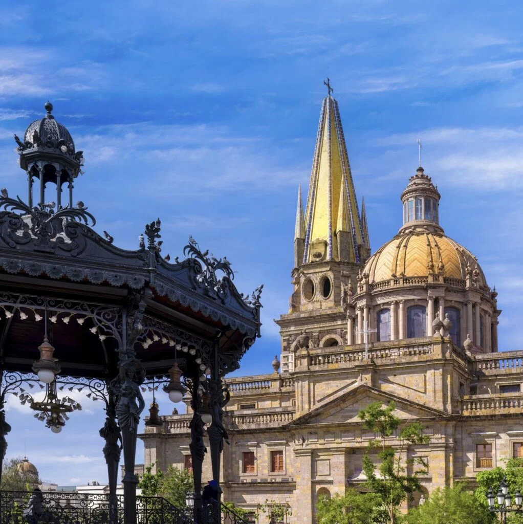 Plaza de Armas Arms Square in historic city center near Central Guadalajara Cathedral.