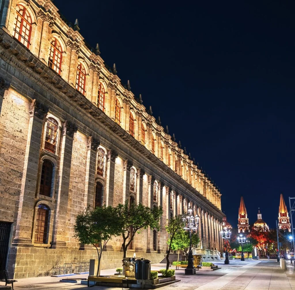 Teatro Degollado, a neoclassical Mexican theater in Guadalajara, Mexico at sunset
