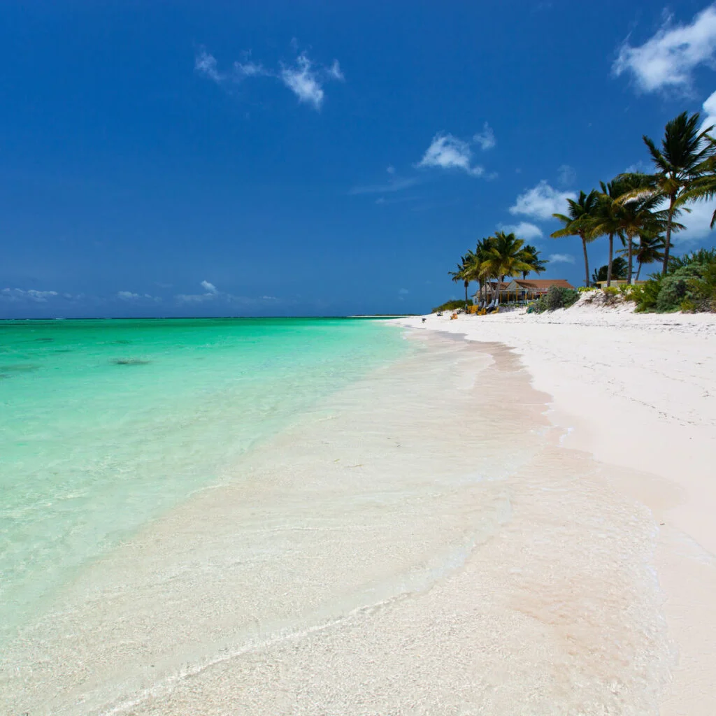 Beautiful tropical beach with palm trees, white sand, turquoise ocean water and blue sky at Anegada, British Virgin Islands in Caribbean