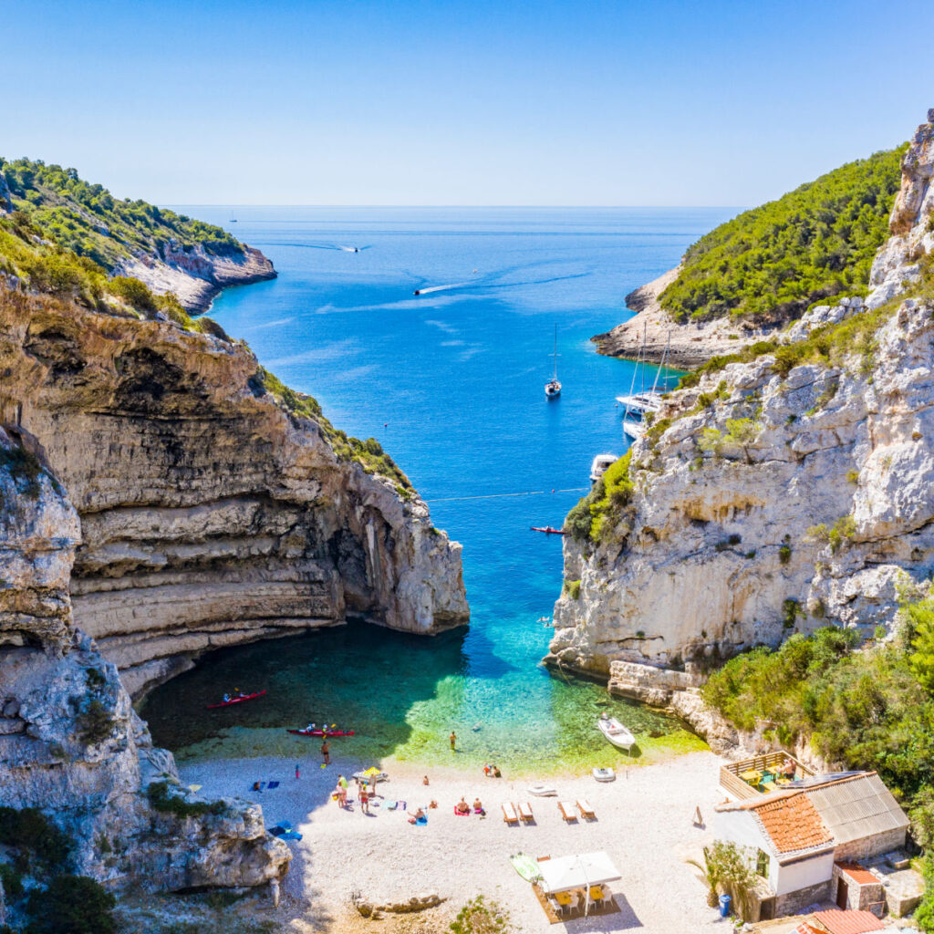 Aerial view of a beautiful beach Stiniva on the island Vis, Croatia
