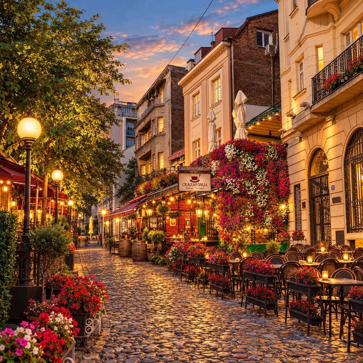 Cobbled Street Lined With Bars And Romantic Lamps And Flower-Draped Facades In Skardalija, Central Belgrade, Serbia