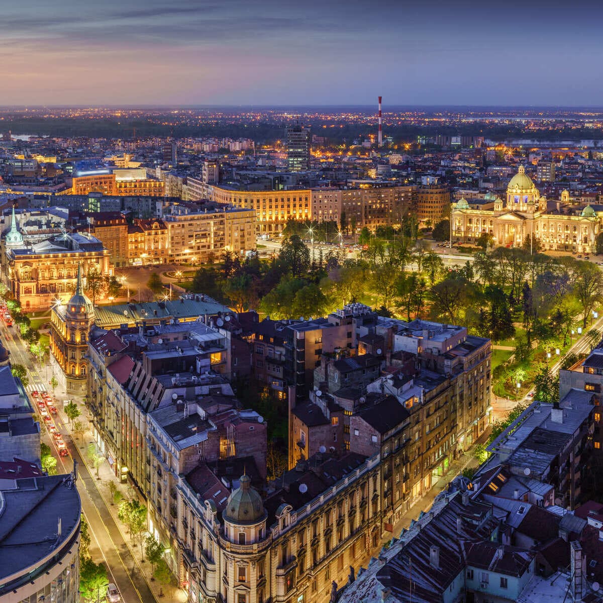 Aerial View Of Central Belgrade At Night, Serbia