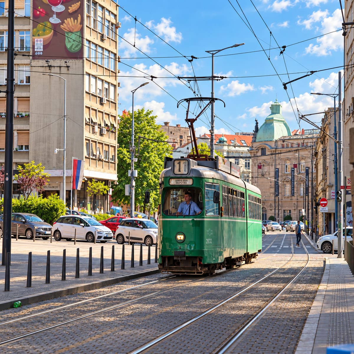Green Tram Pictured In Belgrade, Serbia