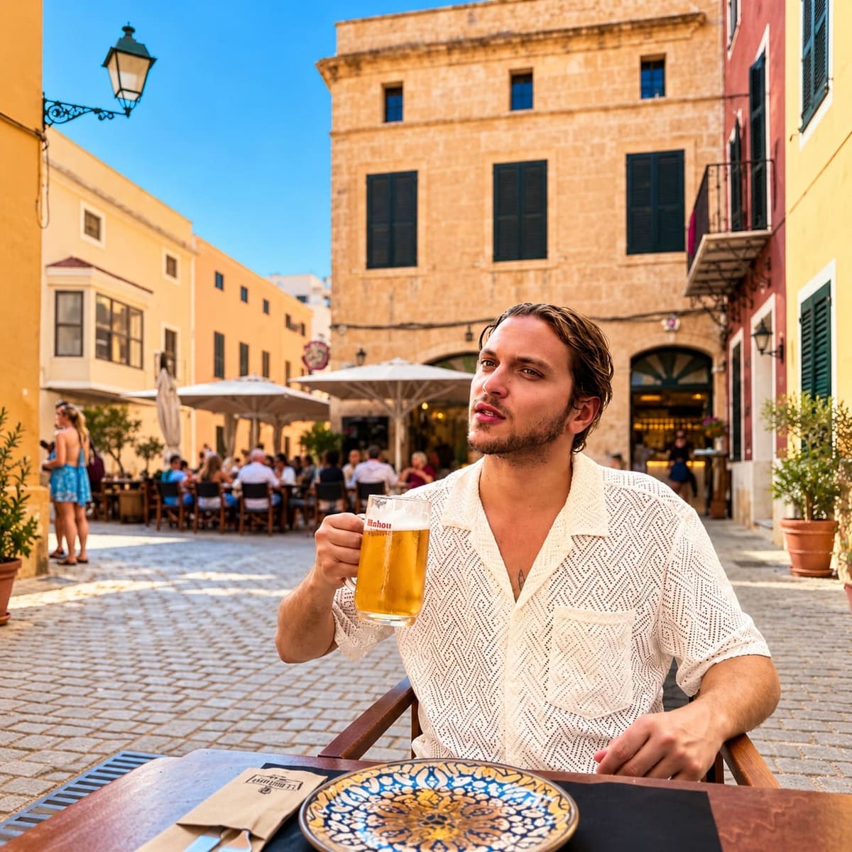 Young Male Tourist Enjoying A Beer In Ciutadella de Menorca, Balearic Islands, Spain