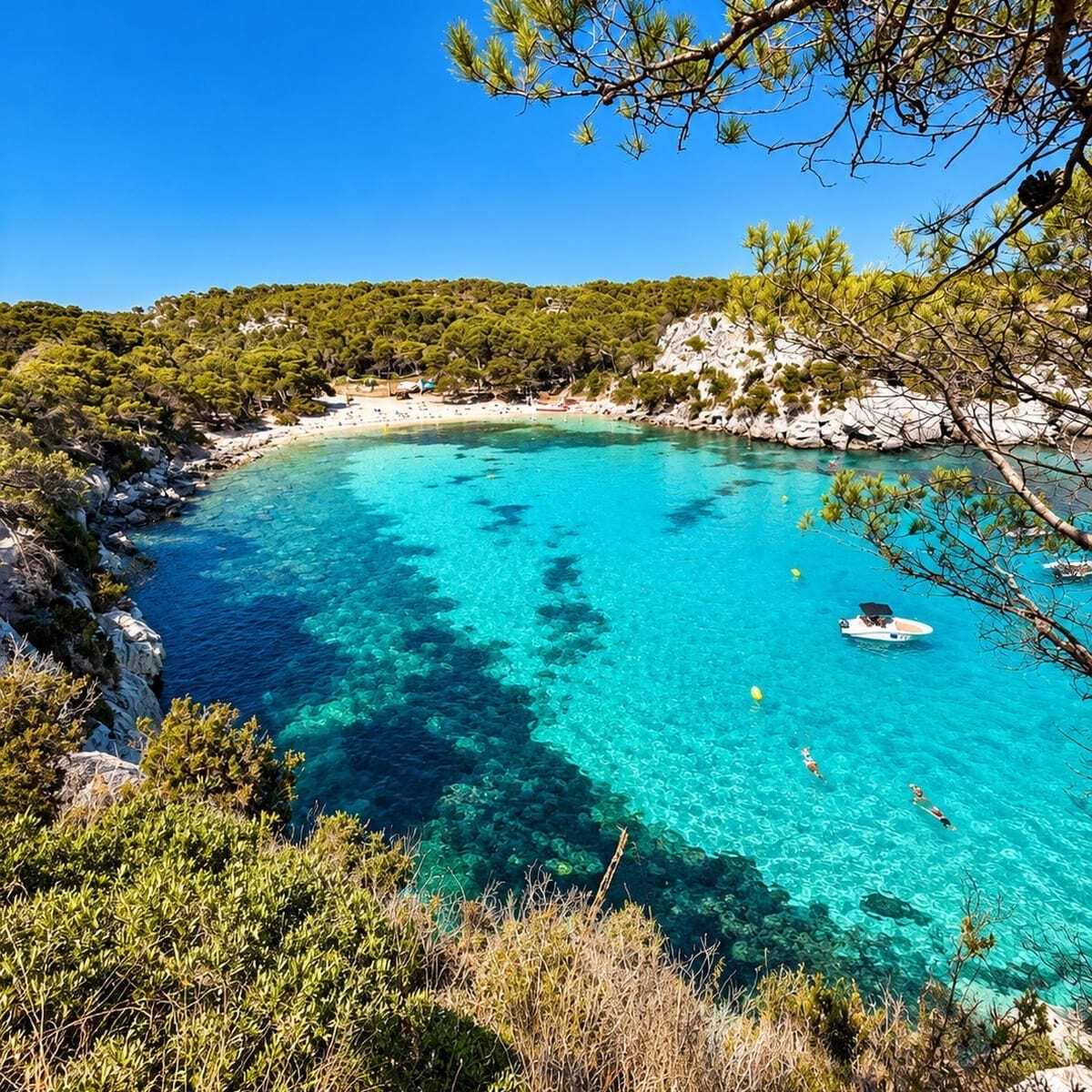 Panoramic View Of Cala Macarella And The Turquoise Mediterranean Sea In Menorca, Balearic Islands, Spain