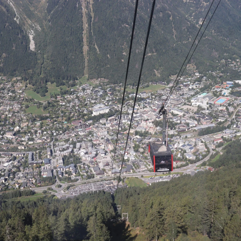 Chamonix seen from a gondola on the Aiguille du Midi