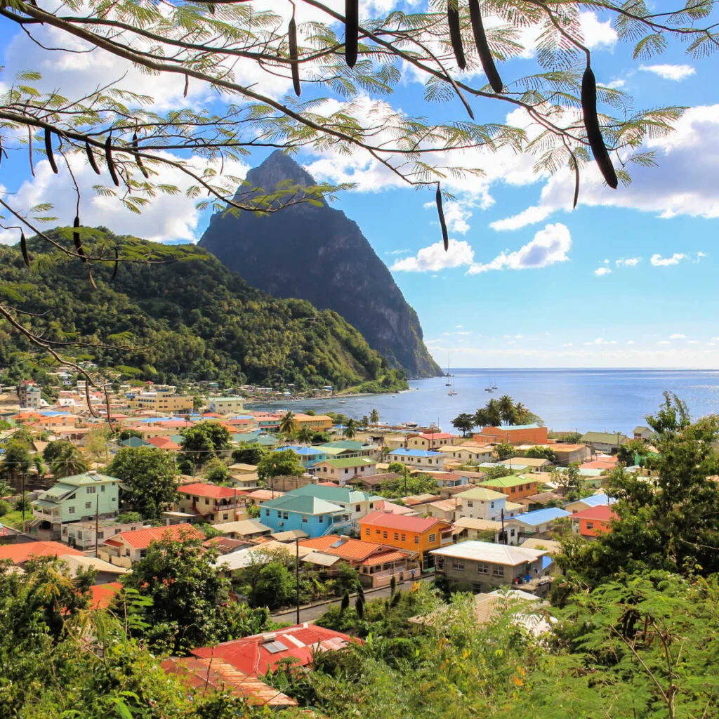 View of the coastal village of Soufrière a must see destination on the West Coast of St Lucia, Caribbean