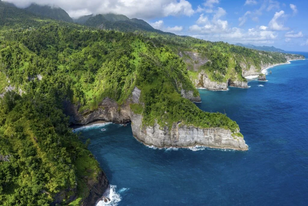 Rugged cliffs of Atlantic shore near Glassy Point, south east of Dominica
