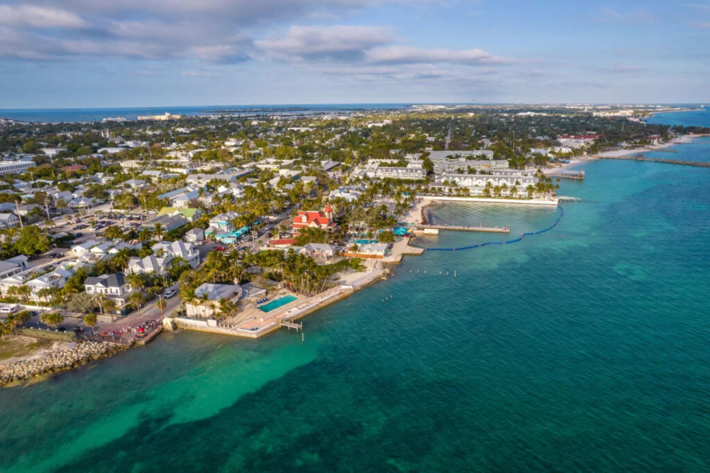 Beautiful aerial view of Key West, its magnificent beach and town in Florida USA