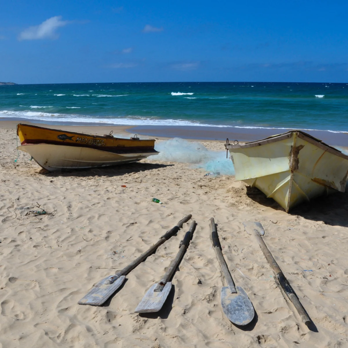 Fishing boats at the beach of Praia do Tofo, Mozambique