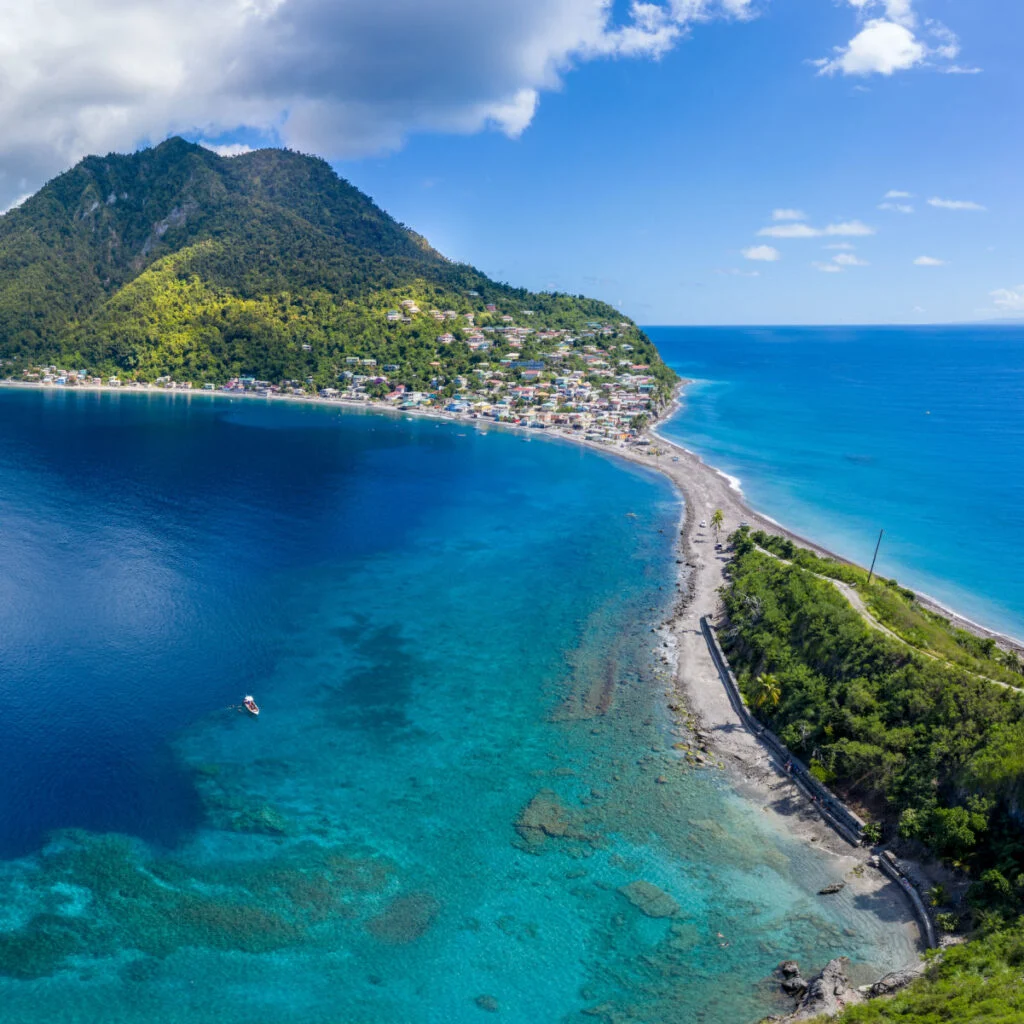 Scotts Head, Dominica, West Indies. On the left side is the Caribbean Sea, on right side - Atlantic Ocean.