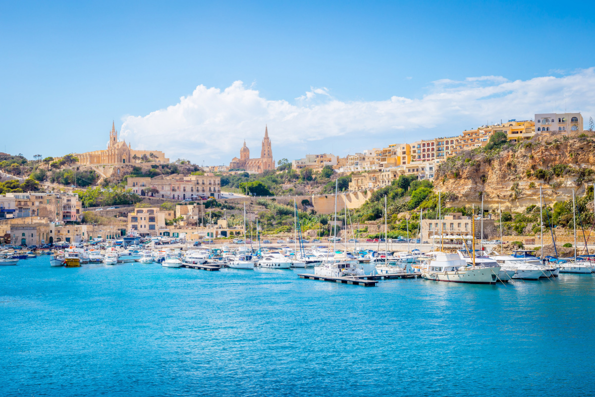 Panoramic Bay View of Mgarr, Town and Harbour where Ferries Dock at the East End of Island Gozo, Malta