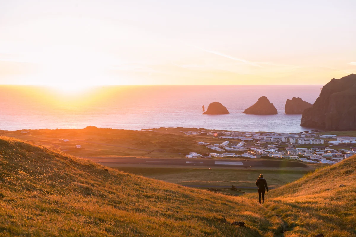 Sunset at the vestmannaeyjar island seen from the volcano, Iceland