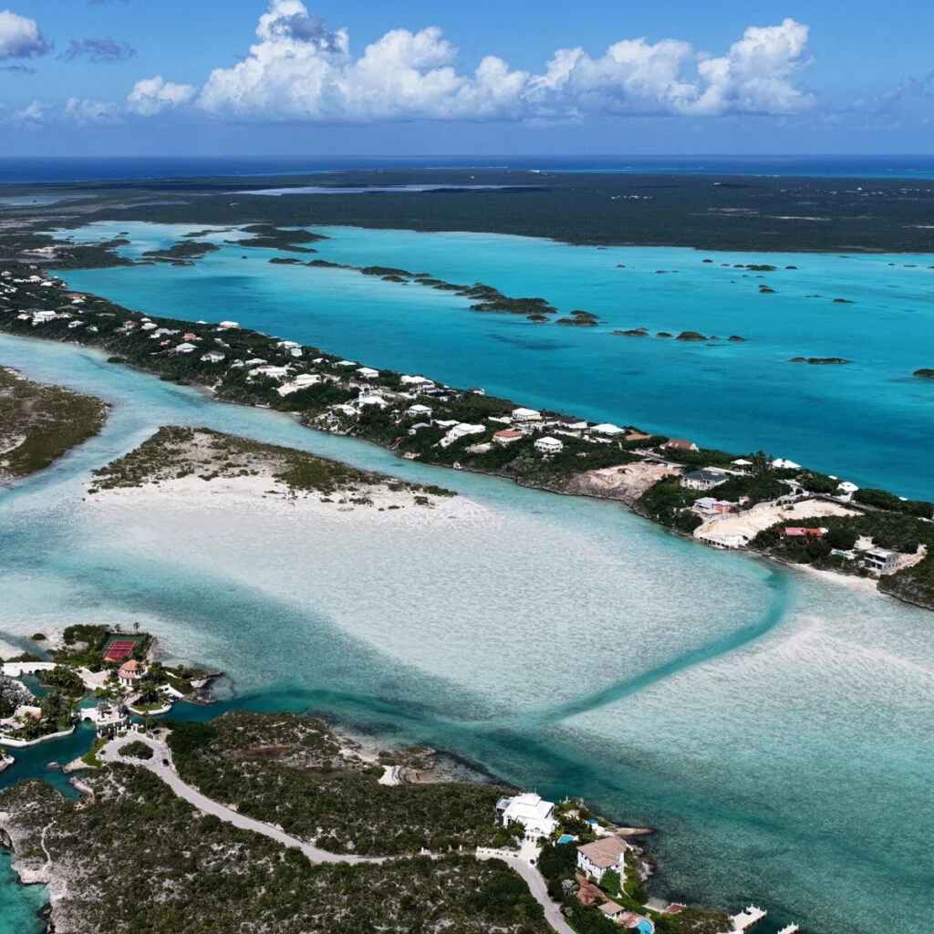 Chalk Sound At Providenciales In Overseas Territory Turks And Caicos Islands. Beach Landscape. Shades Of Blue Watercolor. Travel Destination. Chalk Sound In Providenciales. Nature Seascape.