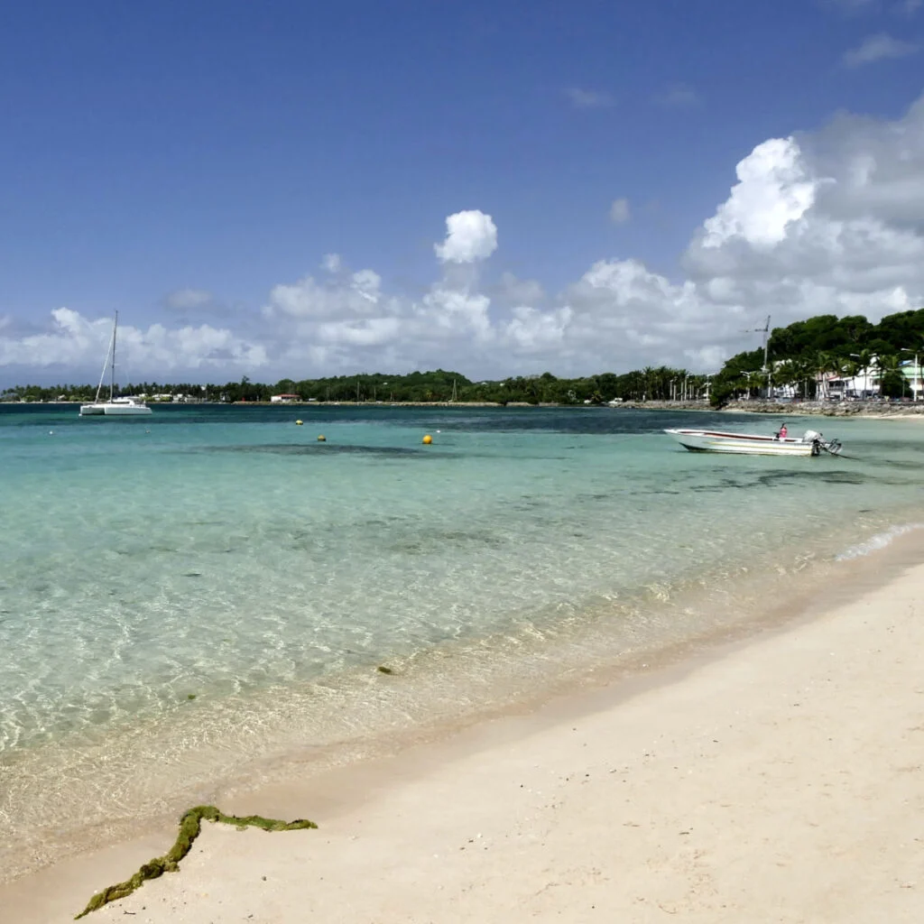 Idyllic beach in Sainte-Anne, Guadeloupe. Plage du bourg with sea, sand and sun in Lesser antilles