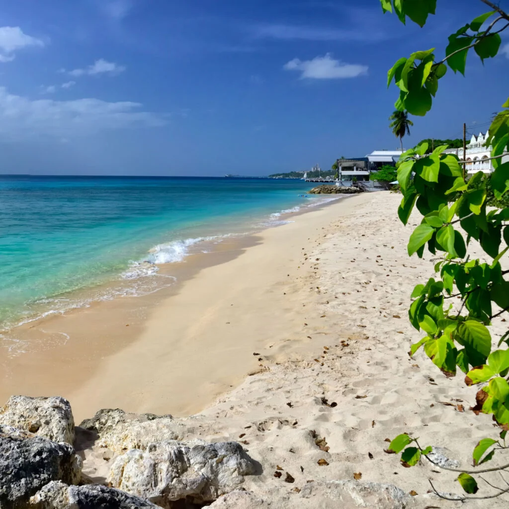 One of many white-sand beaches with turquoise ocean in the Speightstown town, located on the west coast of island Barbados, Caribbean Islands