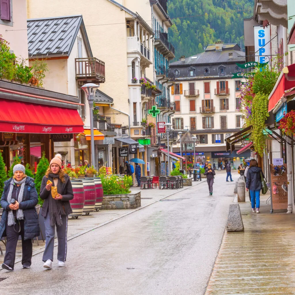 Street view in the center of famous resort in French Alps